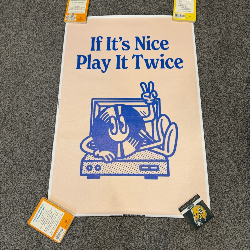 Blue and Cream Record Playing Poster